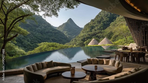Modern luxury interior with scenic mountain view and an infinity pool