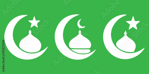Minimal Islamic crescent moon mosque silhouettes set with stars, black Ramadan and Eid Mubarak religious symbols, vector style design isolated on white background