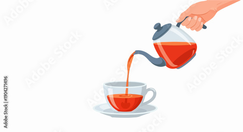 A hand pours a warm beverage from a teapot into a clear cup