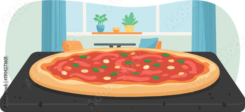 A large pizza with red sauce, cheese, and green toppings sits on a dark surface