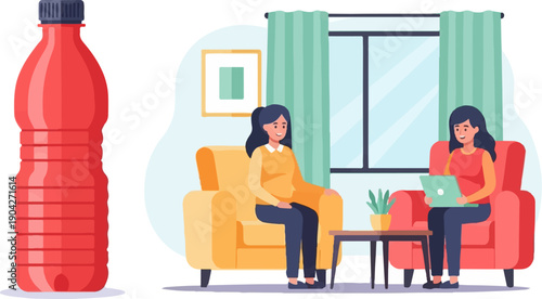 A large red bottle stands beside two women relaxing in chairs indoors