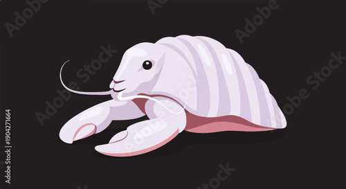 A light purple, cartoonish crustacean with claws and a segmented shell