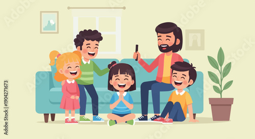 A happy family in the living room with a couch and plant