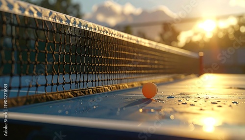 Close-up of ping pong table with ball and net under warm sunlight