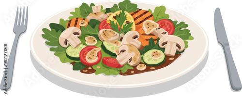 A healthy salad with grilled chicken, mushrooms, tomatoes, and cucumbers