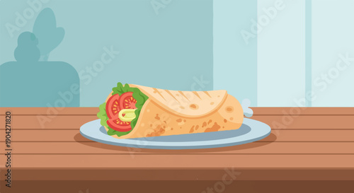 A healthy wrap filled with fresh vegetables sits on a wooden table