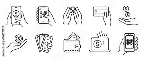 Cashless Mobile Payment icons, line vector illustration of hand holding phone with pay bill, online purchase, and money transfer symbols, modern flat style, isolated on white background, perfect for d