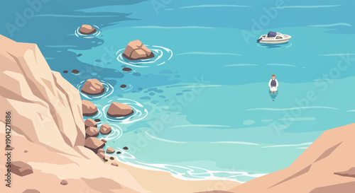 A lone figure stands in shallow, tranquil blue water near a rocky shoreline with a boat