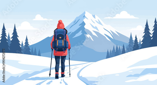 A lone hiker with a large backpack walks on a snowy mountain path