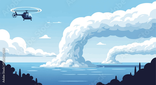 A helicopter flies over the ocean, with large plumes of smoke or clouds erupting