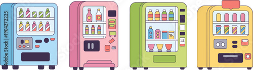 Cute colorful vending machine illustration set with drinks and snacks, flat vector collection for retail design, arcade concepts, food service graphics and modern commercial marketing projects