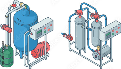 Industrial water filtration and pumping system illustration with tanks, pipes, valves and control panel, isometric vector design for engineering, wastewater treatment and factory process concepts