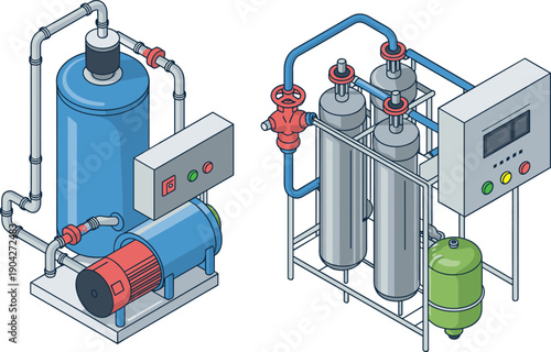Isometric industrial water treatment system with pumps, filtration tanks, pipes and control panel, detailed vector illustration for engineering, wastewater processing and factory automation concepts