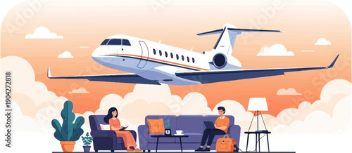 A luxury private jet flies across a warm sky above people relaxing indoors