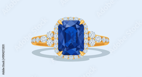 A luxurious gold ring adorned with a large central sapphire and sparkling diamonds