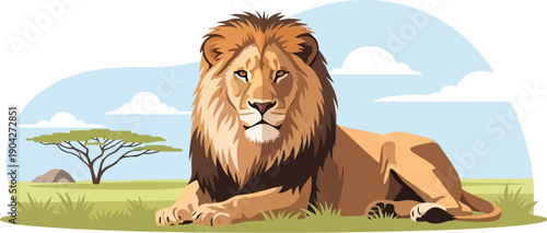 A majestic lion with a large mane rests regally on a grassy savanna under a cloudy sky