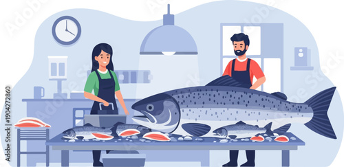 A male and female prepare fish at a market counter with a large salmon