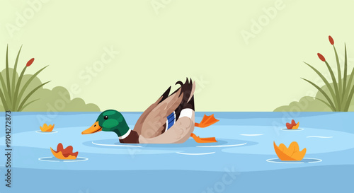 A mallard duck dips underwater in a calm pond surrounded by lily pads