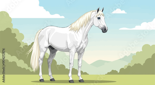 A majestic white horse stands in a serene landscape under a cloudy sky