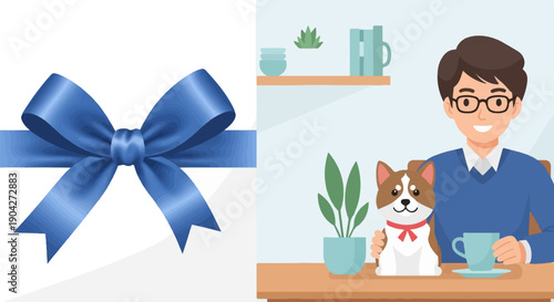 A man and a dog sit at a table with a blue ribbon on the left