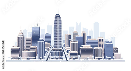 Illustration of a city skyline with tall buildings on a sunny winter day in the United States with a significant snowfall.
