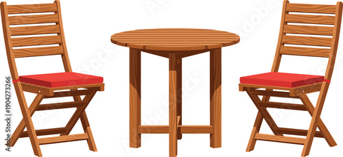 Silhouette of wooden outdoor furniture set with round table, two slatted chairs, and red cushioned rustic patio design