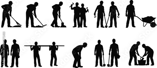 Set of black construction worker silhouettes performing various manual labor tasks, isolated industrial trade icons for building and maintenance projects.