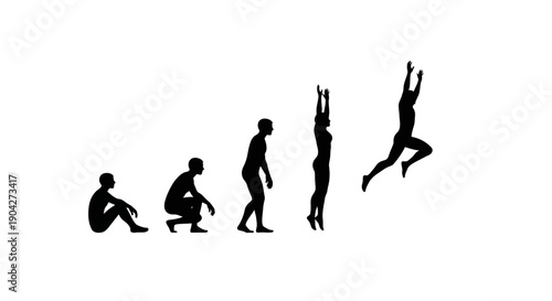 Progression of human movement sequence illustrating fitness evolution from sitting to explosive vertical jump in silhouette form