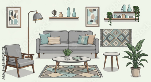Modern Living Room Furniture and Decor Elements Collection.