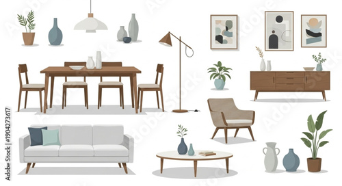 Modern Living Room Furniture and Decor Elements Collection.