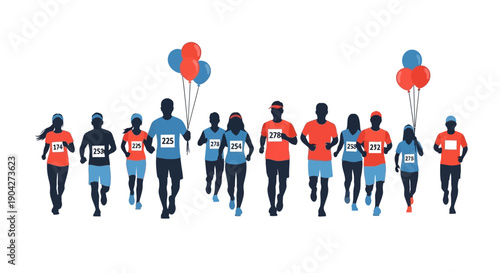 Diverse group of runners participate in a competitive marathon event, showcasing fitness dedication and race bib numbers prominently displayed during the run.