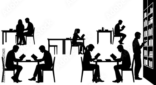 Silhouettes of diverse individuals engaged in reading and studying activities near tables, chairs, and a tall bookshelf in a library setting.