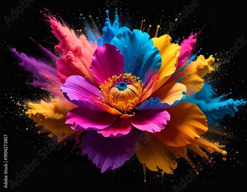 Colorful explosion art of a vibrant, multi-petaled flower bursting with bright pigments on black