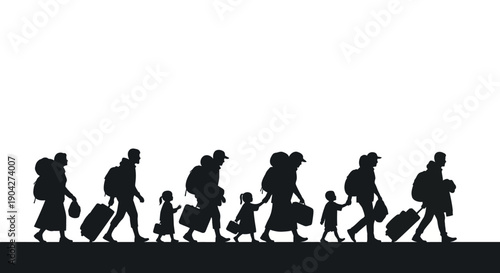 Silhouette illustration depicting a diverse group of displaced people, including adults and children, carrying heavy baggage and walking together on a long journey.