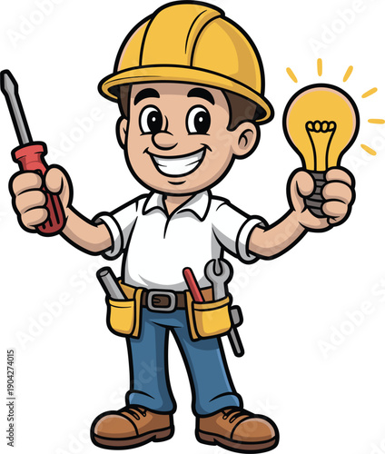 Cartoon electrician mascot holding light bulb and screwdriver wearing safety helmet tool belt isolated on white background for electrical service illustration design concept