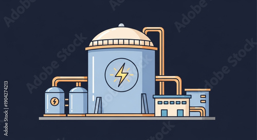 Modern industrial power plant with energy symbol.