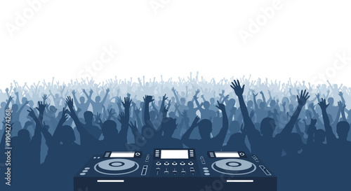 A dynamic silhouette of a massive, excited crowd with raised hands gathered before professional dj equipment for an intense music event.
