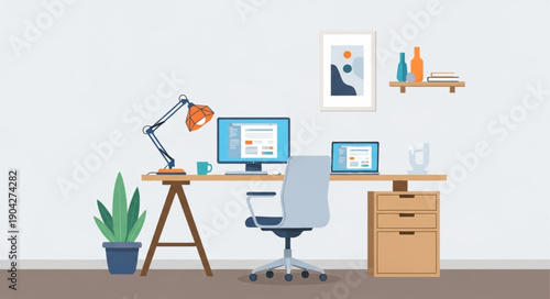 Modern Home Office Desk Setup with Computer and Laptop.