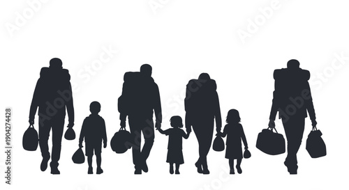 Silhouette graphic depicting a family silhouette group with backpacks and luggage walking forward, symbolizing migration, journey, or travel needs.