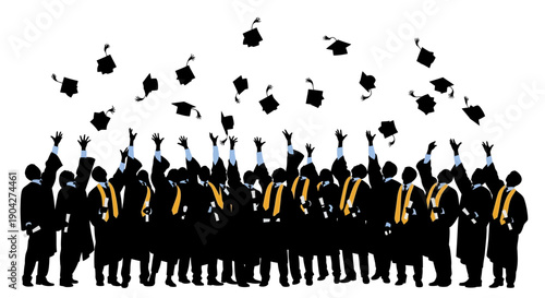 Silhouette of diverse graduating students triumphantly tossing mortarboards high into the air to celebrate academic achievement and a bright future ahead