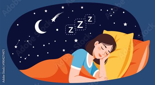 Peaceful night sleep illustration a woman dreaming under a starry sky in a cozy bed, vector art with 'Zzz' symbols