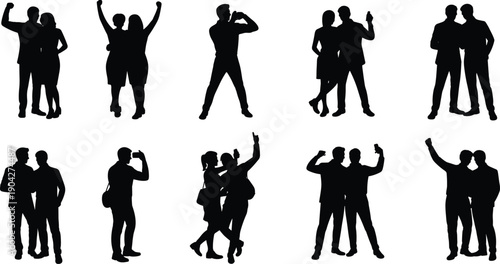 Set of people silhouettes showing couples and groups in various poses isolated on white background for social, lifestyle, teamwork, and relationship concepts