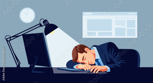 Vector illustration of a businessman sleeping at his desk with a computer and lamp, embodying work stress and burnout