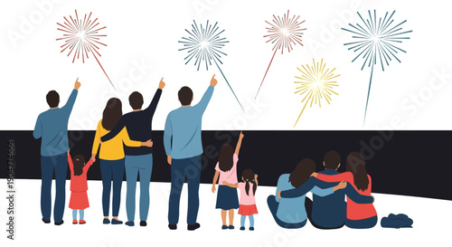 Diverse group of people including families and couples enjoying a vibrant fireworks display together during a celebratory evening event.