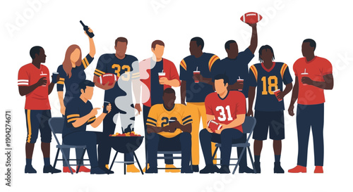 Diverse group of excited football fans gather together wearing team jerseys celebrating a tailgate party atmosphere with drinks and a barbecue grill.