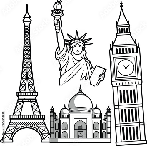 Famous world landmarks line art illustration featuring Eiffel Tower, Statue of Liberty, Taj Mahal and Big Ben for travel, tourism and global culture design