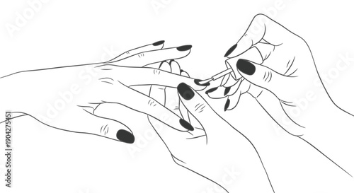 Hands manicure nail polish application vector minimal line illustration