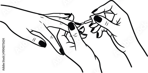 Minimal nail polish application hands vector illustration with elegant outline
