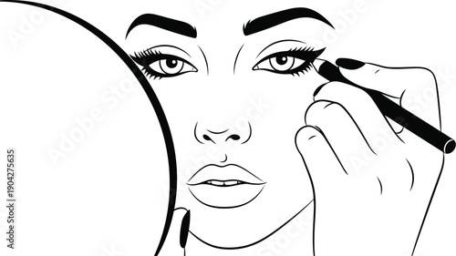 Female applying eye eyeliner using mirror in daily beauty care concept
