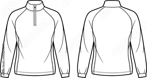 Men quarter zip pullover technical fashion illustration showing front and back views, long sleeve mock neck sweatshirt outline drawing for apparel design and clothing production
